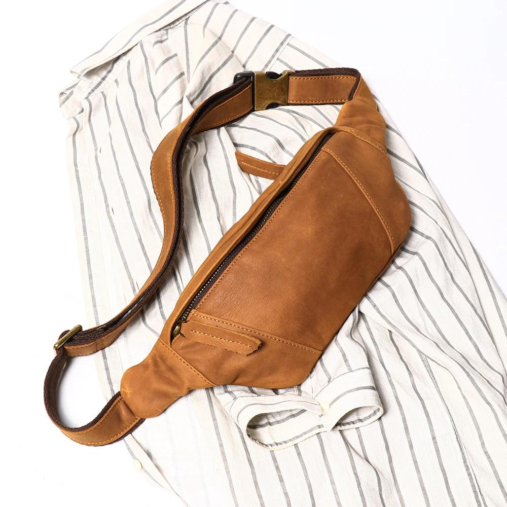 Sac banane en cuir Crazy Horse pour homme, sacoche de poitrine en cuir véritable, pochette de téléph