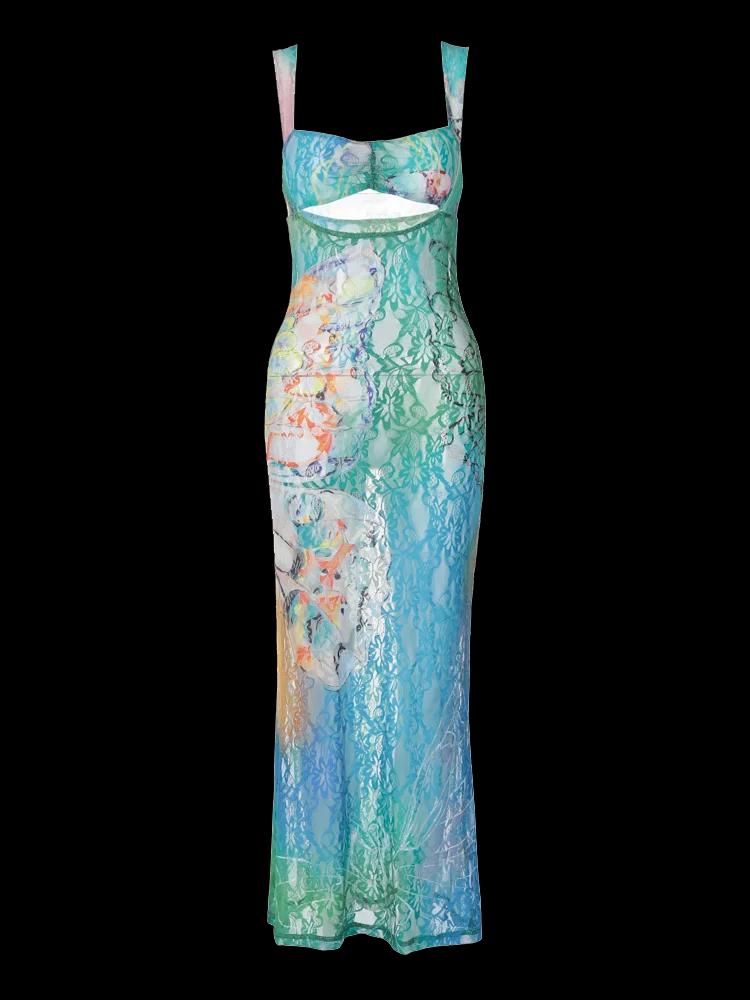 Dulzura – robe Maxi découpée en dentelle imprimée, moulante, Sexy, Club de fête, tenues Y2K, Streetw