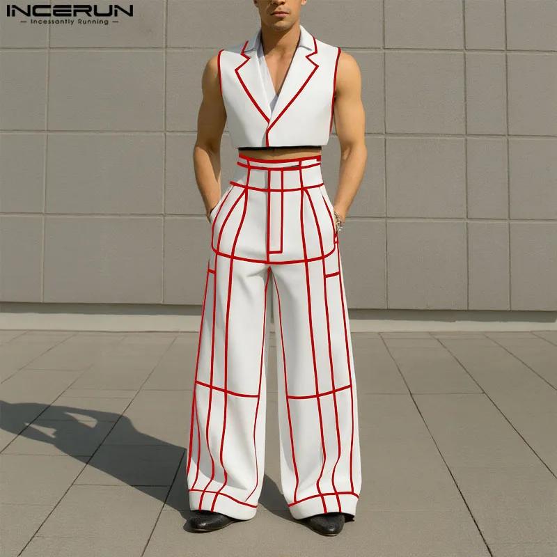 INCERUN hommes ensembles Patchwork revers sans manches gilets courts et pantalons à jambes larges de