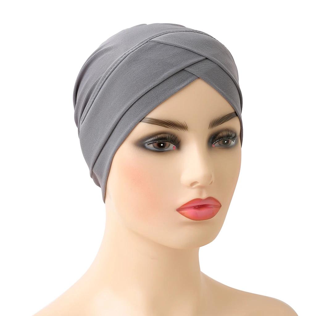 H117 front croisé musulman Turban couleur Pure extensible intérieur Hijabs pour casquettes prêt à po