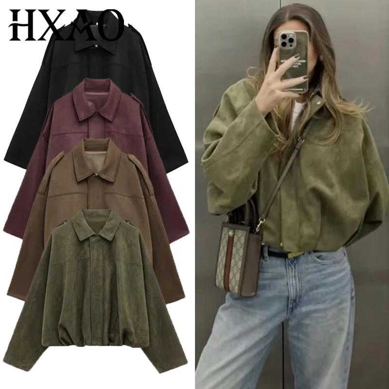 HXAO femmes Bomber veste revers fermeture éclair manches longues veste en daim femmes 2025 haute rue