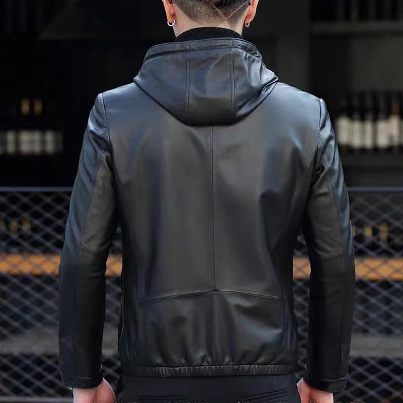 Veste en cuir véritable pour hommes, manteau court en peau de mouton avec capuche, vêtements décontr