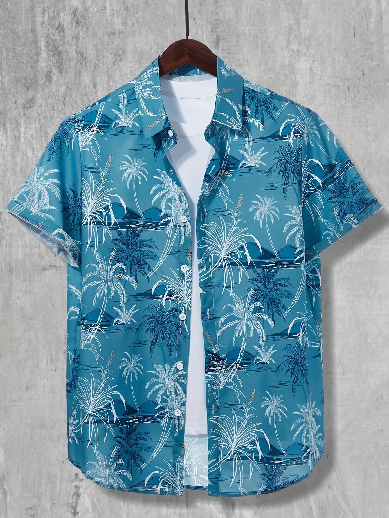 Chemise hawaïenne imprimée cocotier, chemise décontractée à manches courtes boutonnée pour hommes po