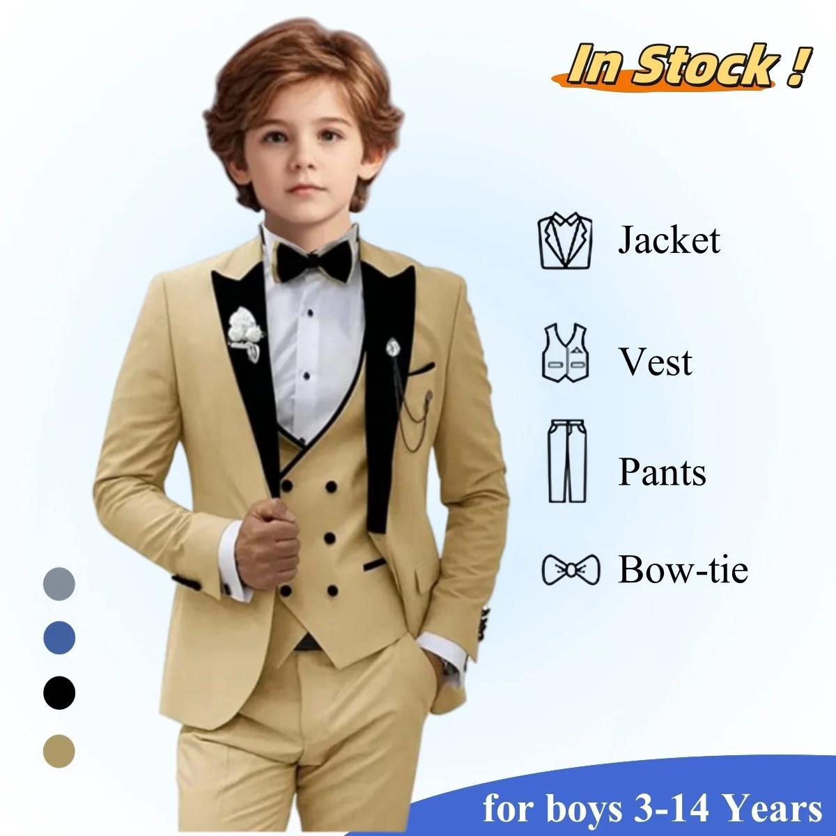 Ensemble de costume formel pour garçons, avec col en velours, Blazer à un bouton, gilet, pantalon, n