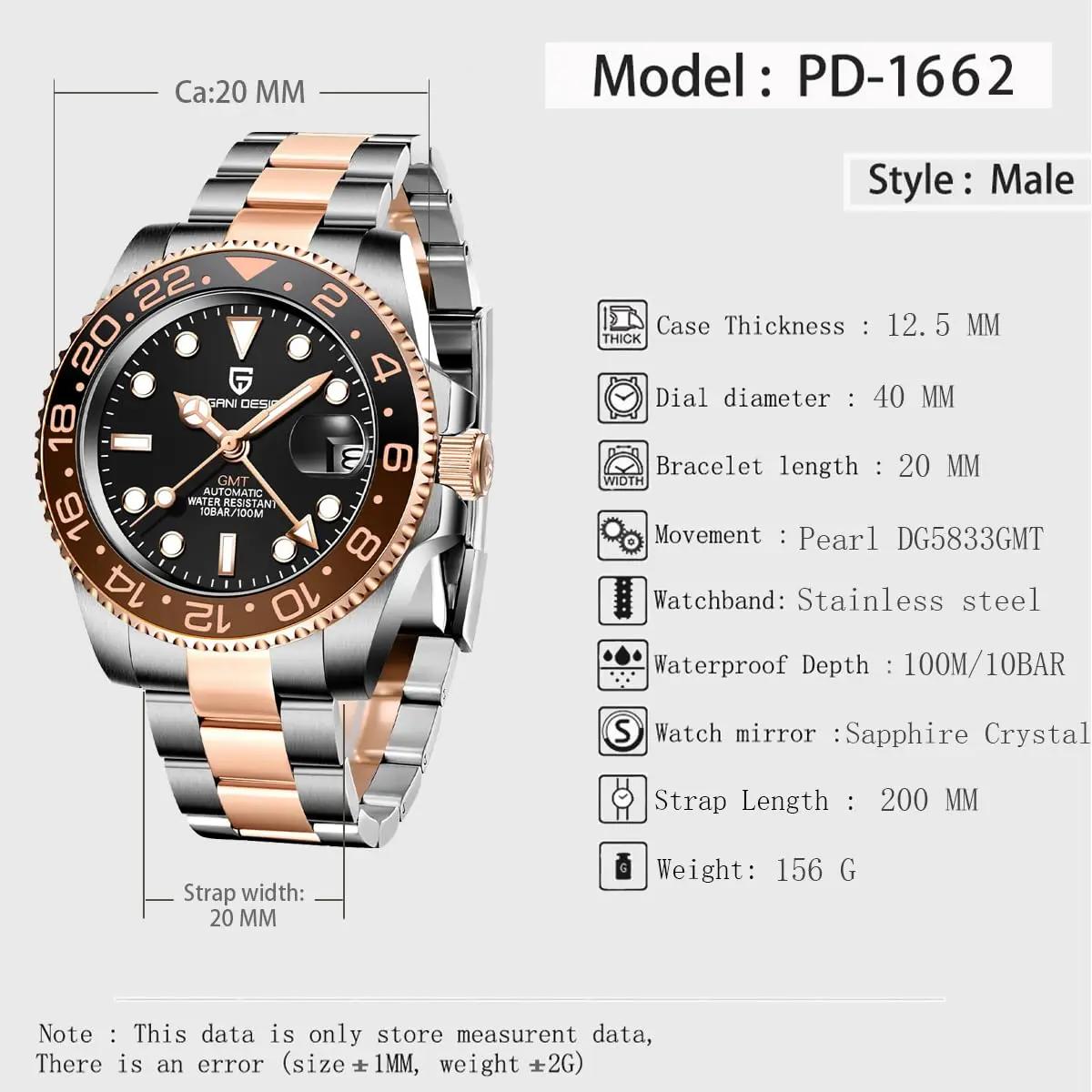 Nouvelle montre automatique PAGANI DESIGN GMT 1662, 40 mm, montre-bracelet pour homme, marque haut d