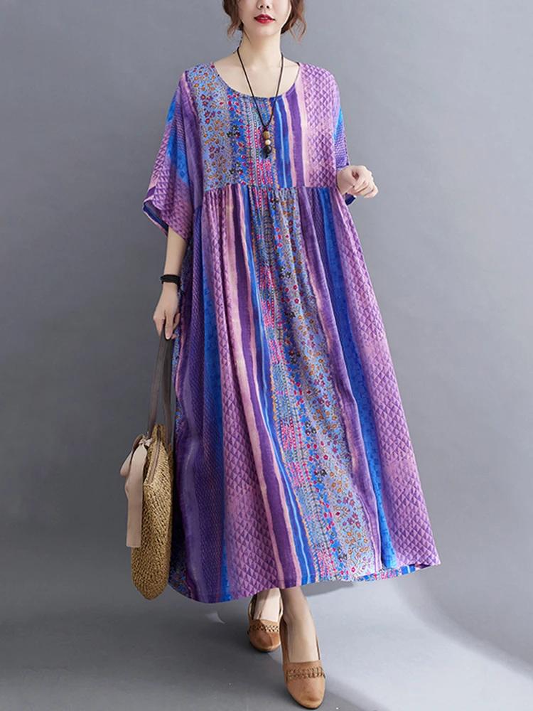 Manches courtes coton lin Vintage violet robes florales pour les femmes décontracté ample longue rob