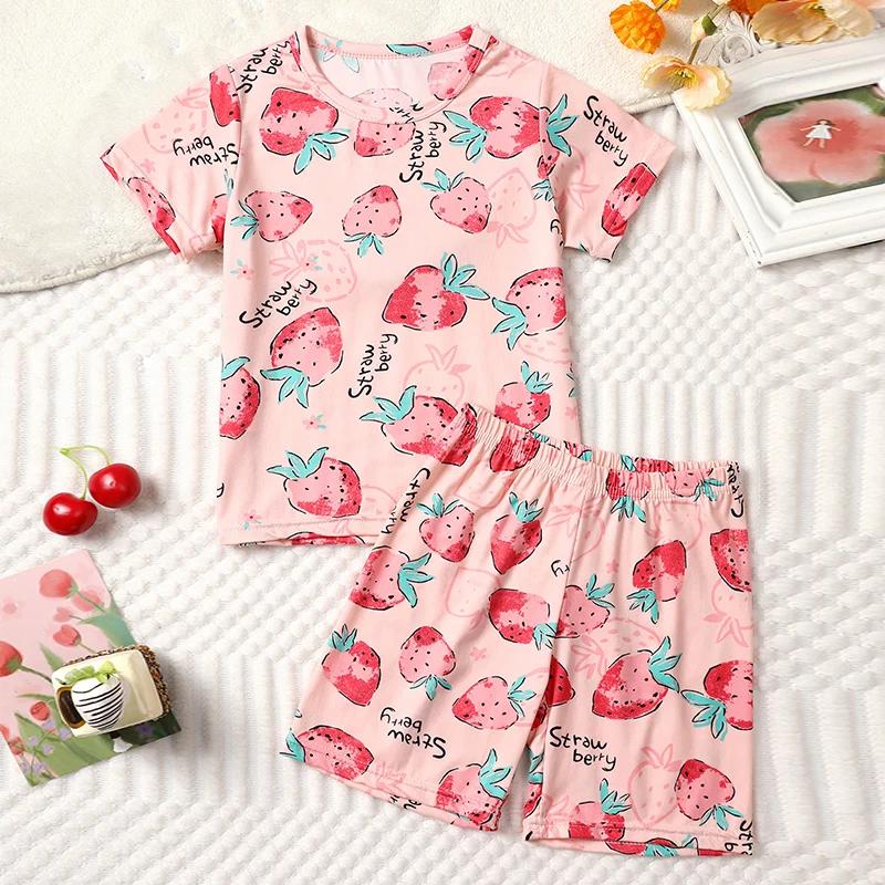 Costume été 2 pièces enfant imprimé dinosaure Joker confortable fille manches courtes rose