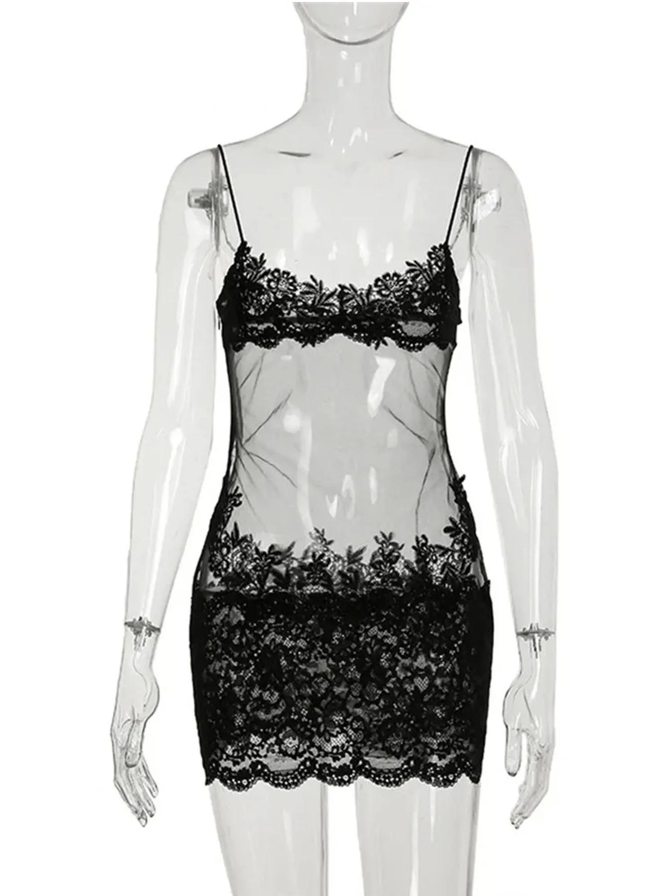 Mini robe transparente en dentelle pour femmes, Sexy, enveloppant, Spaghetti, broderie de fleurs, ga