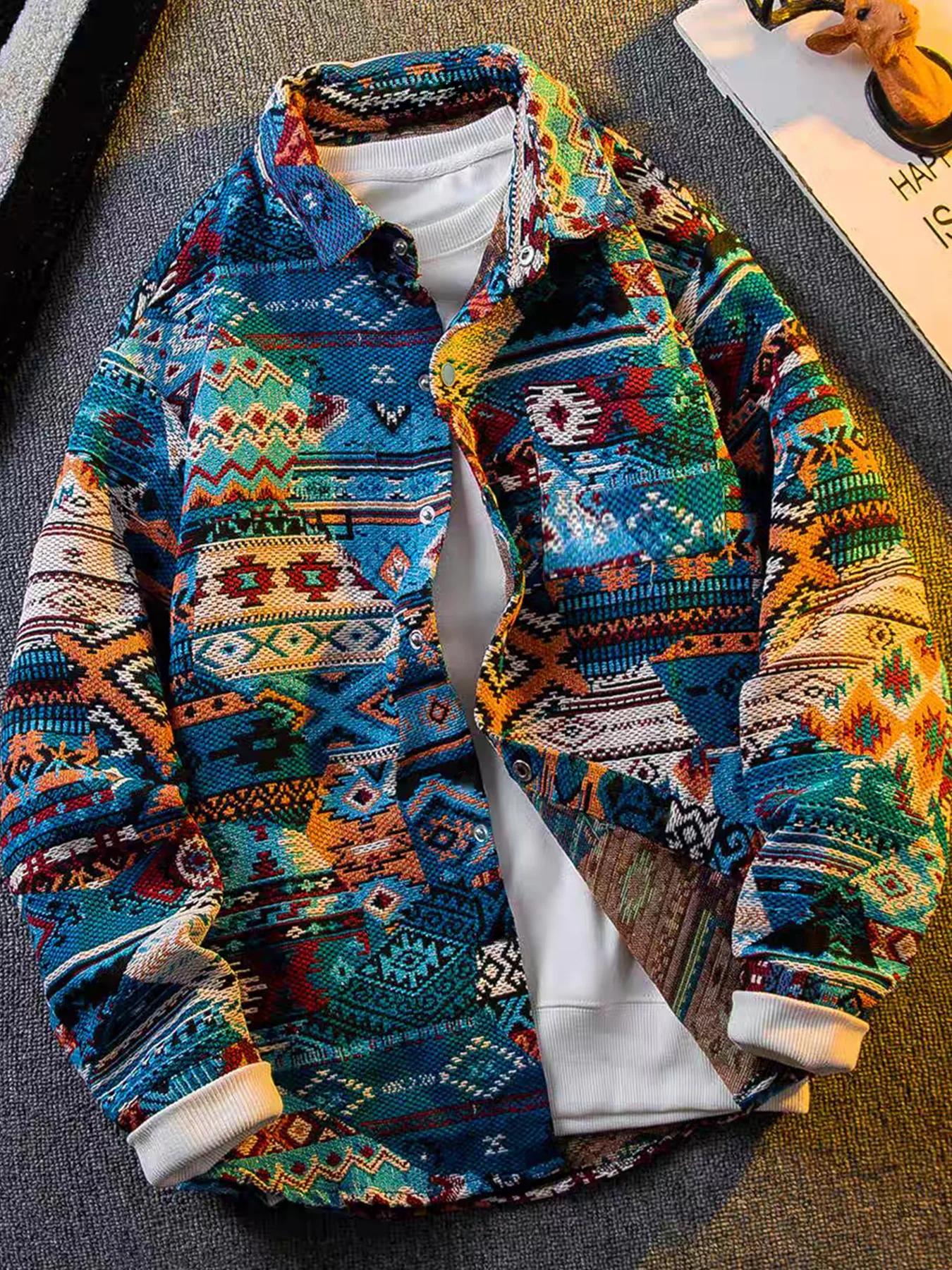 Veste à manches longues imprimée de style ethnique pour hommes, veste tendance élégante haut de gamm