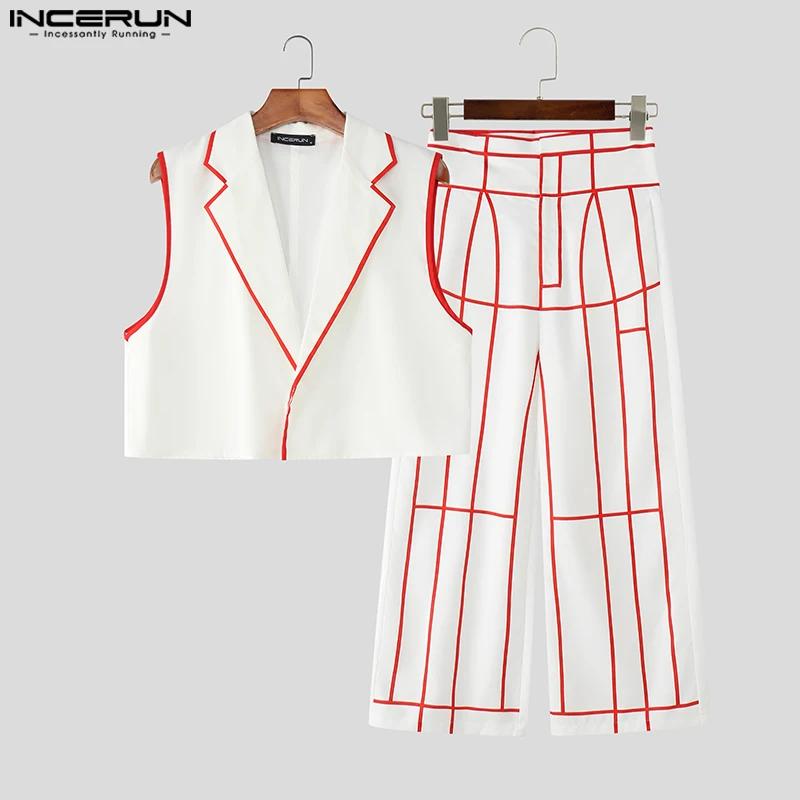 INCERUN hommes ensembles Patchwork revers sans manches gilets courts et pantalons à jambes larges de