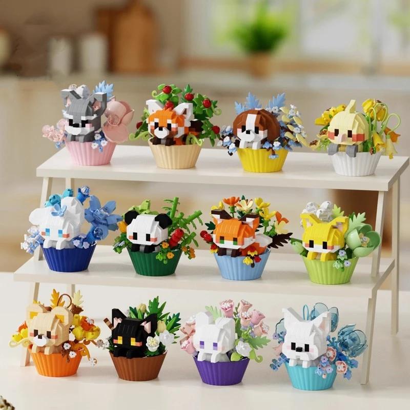 Bouquet en pot pour petits animaux, dessert mignon, poupée de dessin animé, panda, chiot, bloc de co
