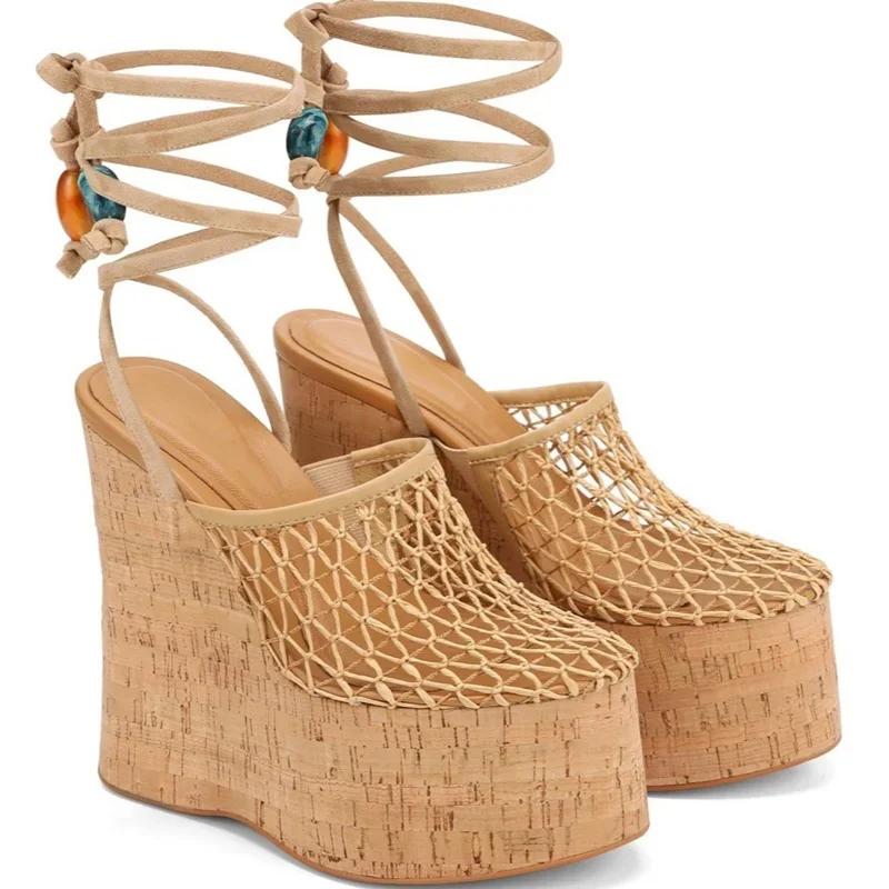 Plate-forme grille croix liée sandales Sexy ronde Slingback ceinture boucle nouveautés mode femmes c