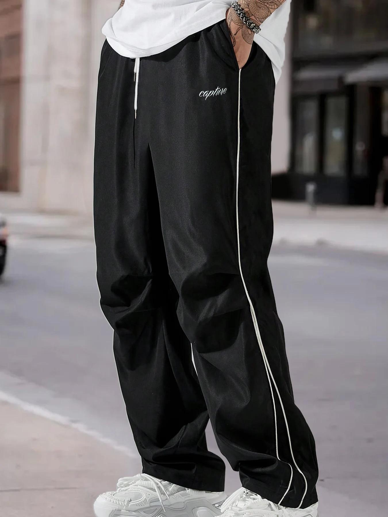 Pantalon décontracté pour homme, coupe droite, noir et blanc, avec cordon de serrage, style cargo, p