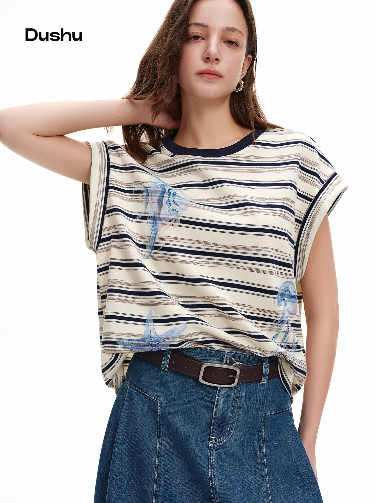 T-shirt DUSHU à manches raglan rayées imprimé océan et strass, col rond, coupe ample et confortable,
