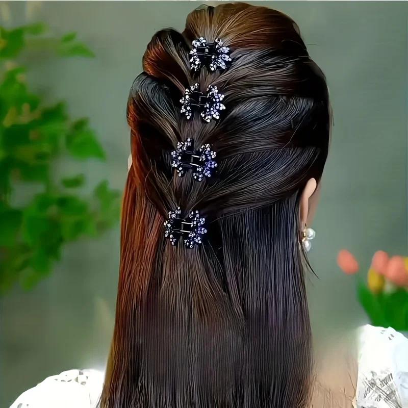 Pinces à cheveux mi-nouées en Mini fleurs et diamants, 4 pièces, pince à cheveux pour chignon haut d