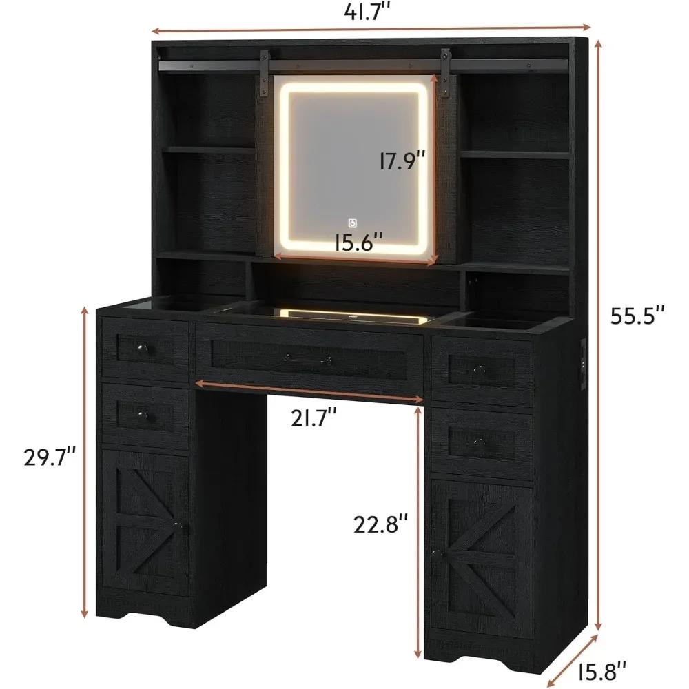 Vanité de maquillage éclairée de style ferme avec miroir coulissant et bureau à plateau en verre ave