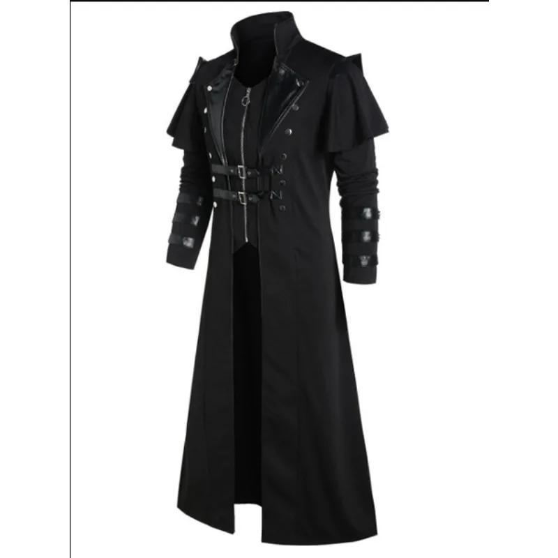 Vintage Halloween médiéval Steampunk Assassin elfes Pirate Costume adulte hommes noir longue veste f
