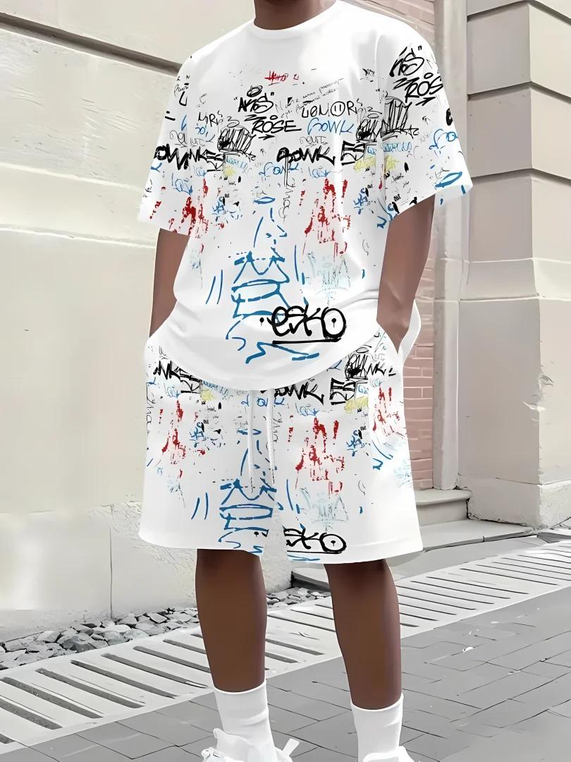 Ensemble short à manches courtes pour hommes, respirant et décontracté, imprimé en 3D, haut de rue u