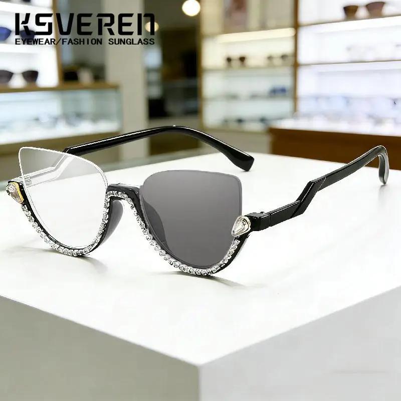 Lunettes de myopie photochromiques œil de chat en strass pour femmes, verres de Prescription finis, 