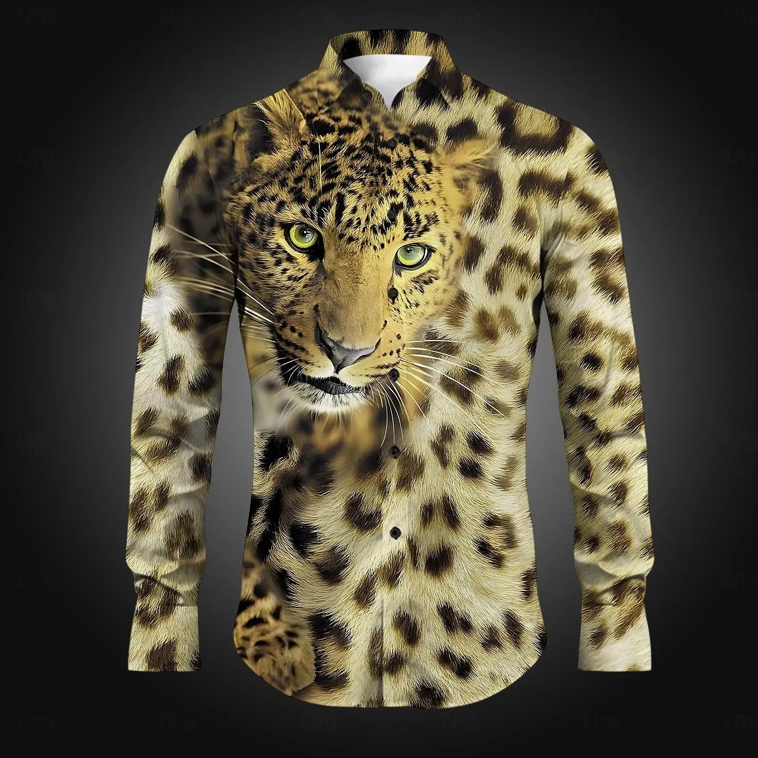 Chemise boutonnée léopard décontractée pour hommes, chemises imprimées, fête, vacances quotidiennes,