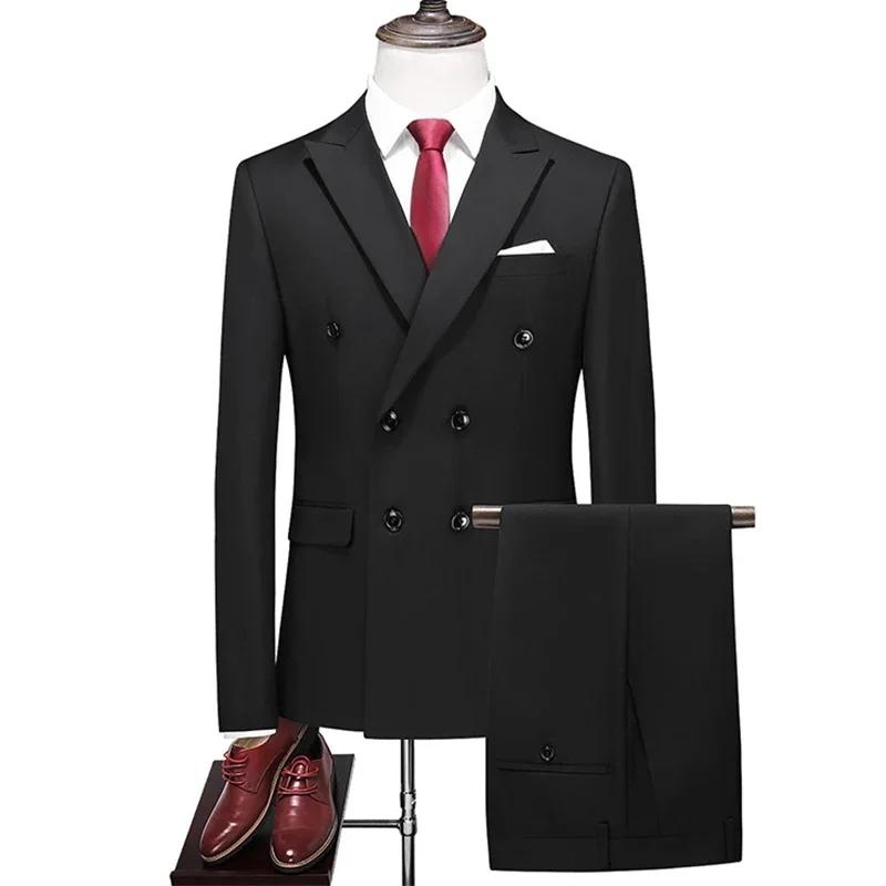 Costume (Blazer + pantalon) pour hommes, mode Business Elegante, couleur unie, décontracté, Double b