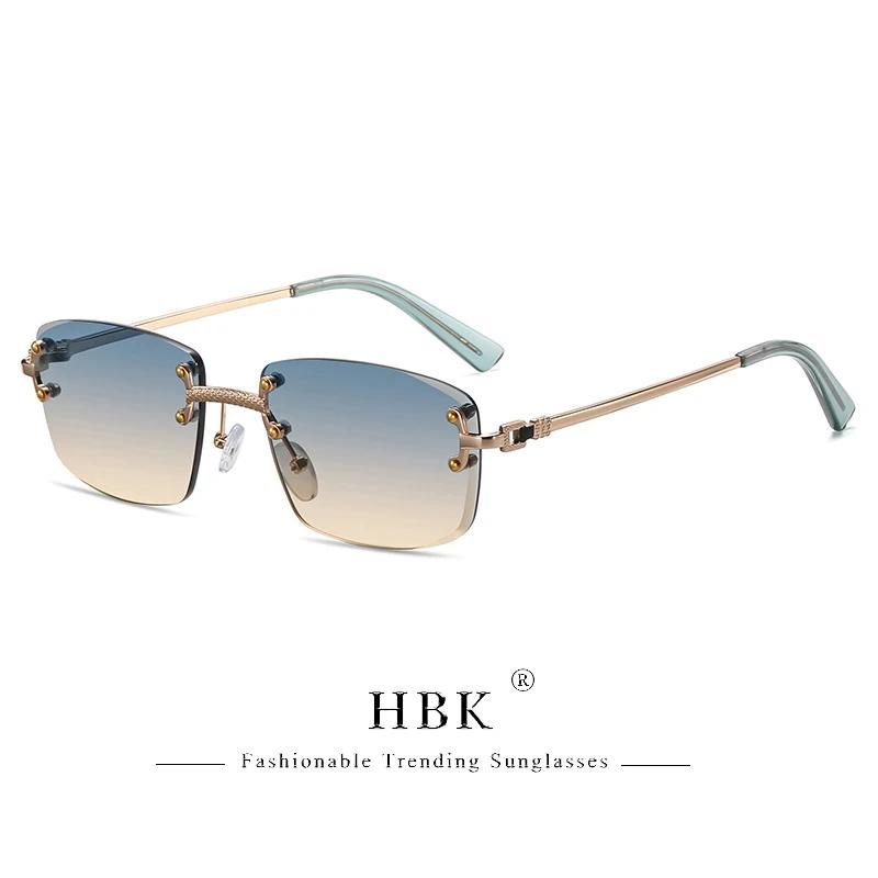 HBK-Lunettes de soleil carrées sans monture pour homme, verres dégradés bleus, métal de qualité supé