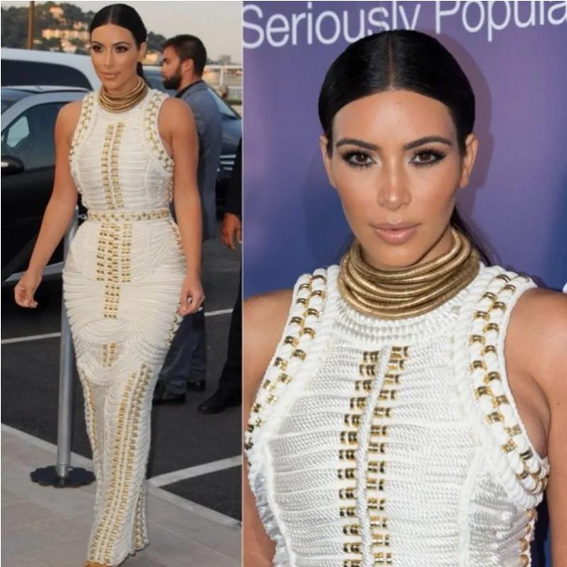 Style classique femmes sans manches col rond Sexy moulante pansement longue robe célébrité mode tapi