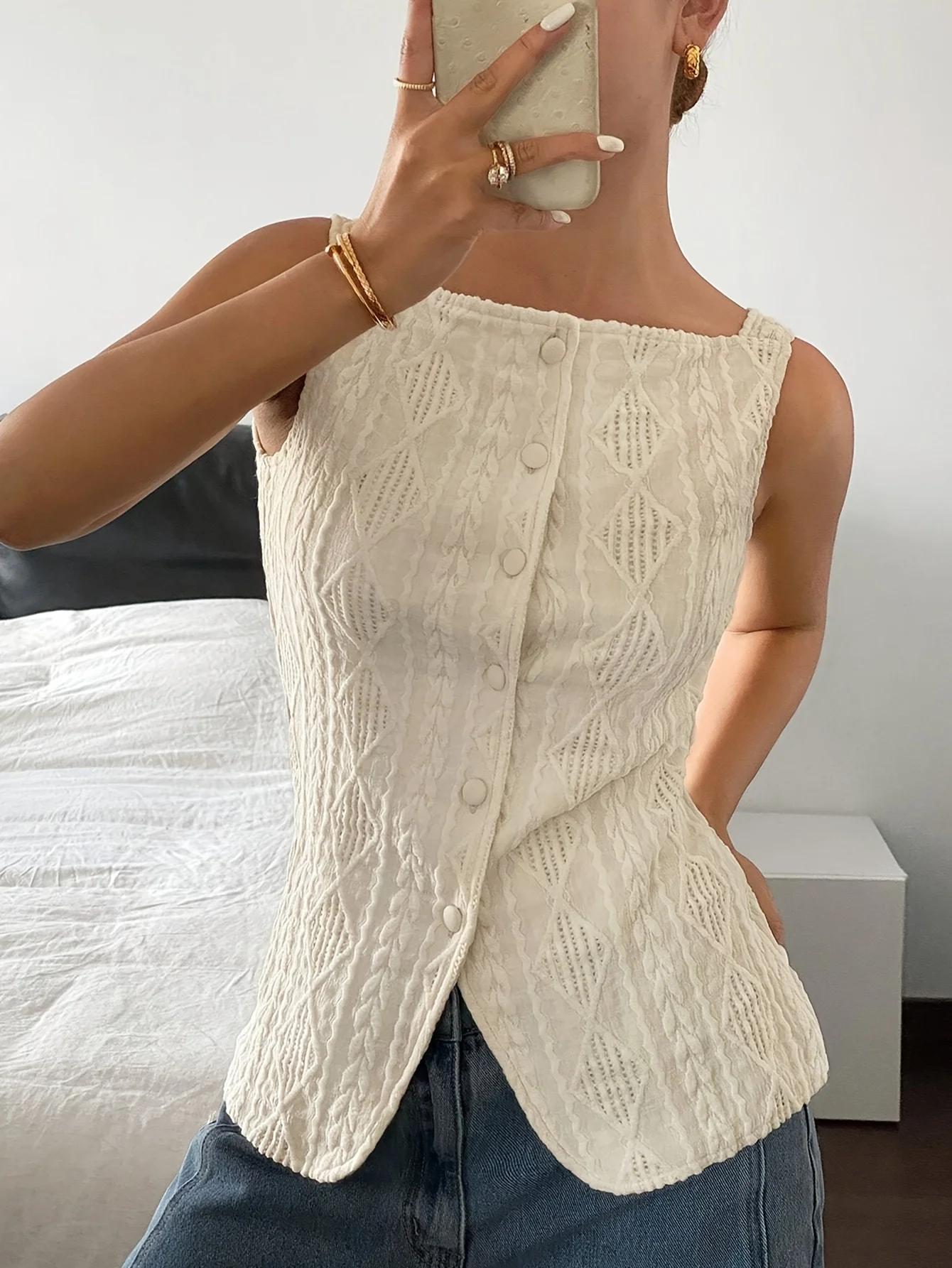 Chemise d'été décontractée sans manches pour femmes, texture géométrique, simple boutonnage