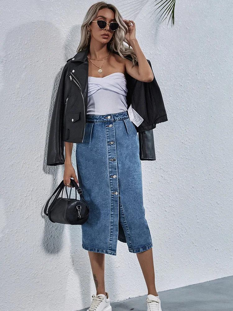 Benuynffy-Jupe en jean droite à boutonnage simple pour femme, longueur au genou, streetwear décontra