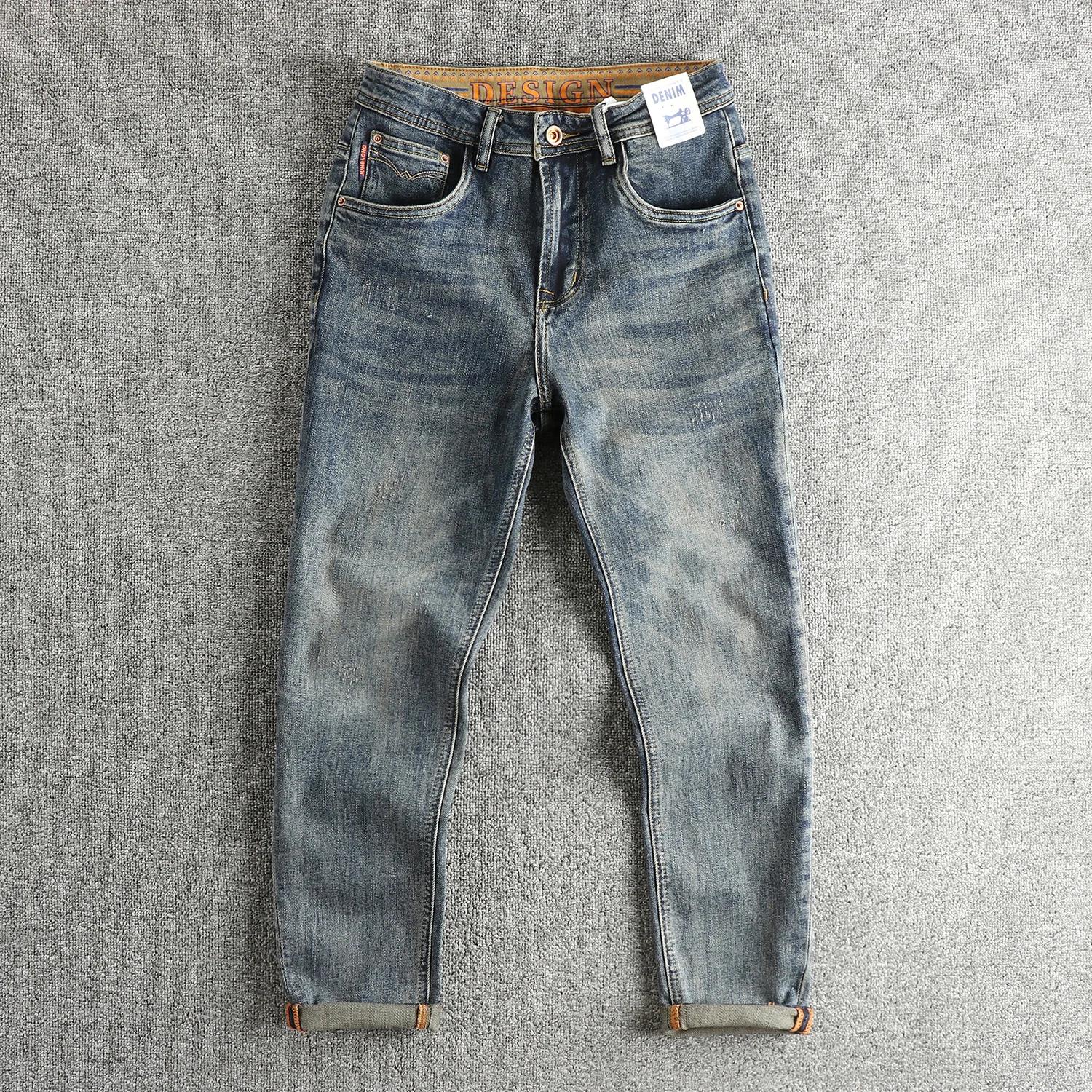 Jean rétro bleu avec moustaches de chat frit pour hommes, tissu personnalisé haut de gamme, marque d
