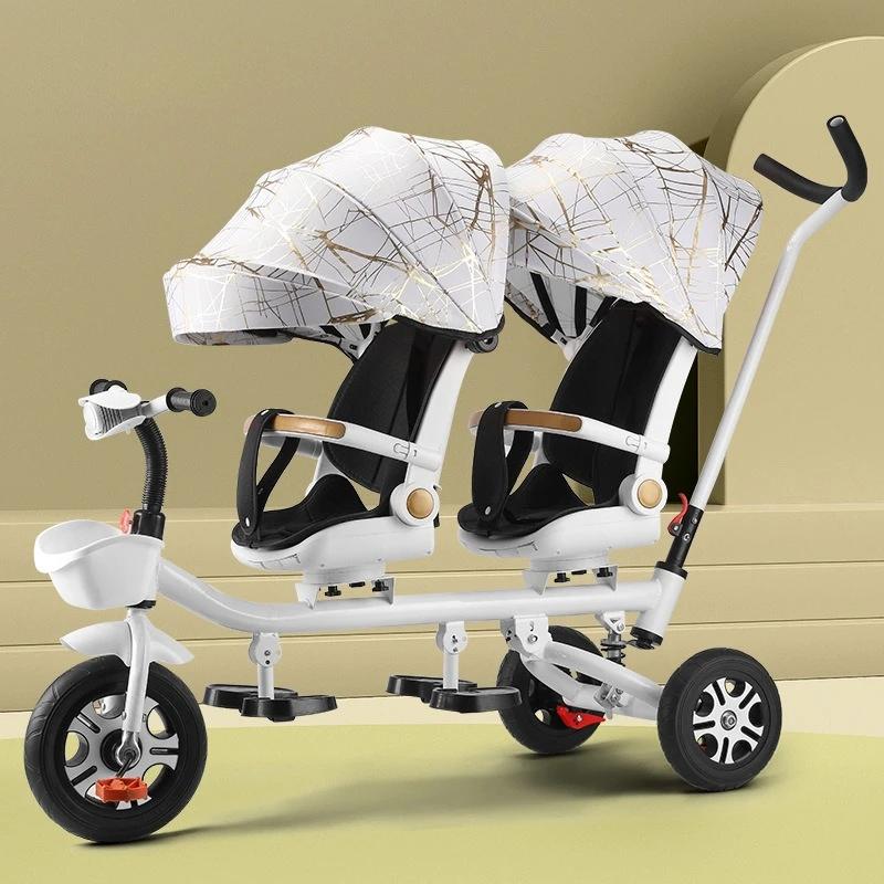 Tricycle pour enfants, poussette double, vélo à double siège avec siège inclinable, double direction