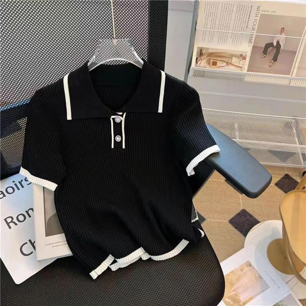 T-shirt à manches courtes tricoté en soie glacée pour femmes, polo à la mode et élégant, nouvelle co