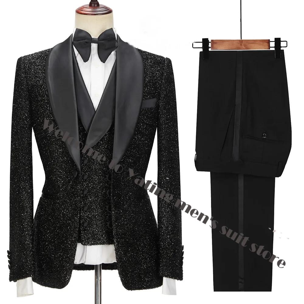 Dernières conceptions de manteau et de pantalon pour hommes, costumes noirs brillants à la mode pour