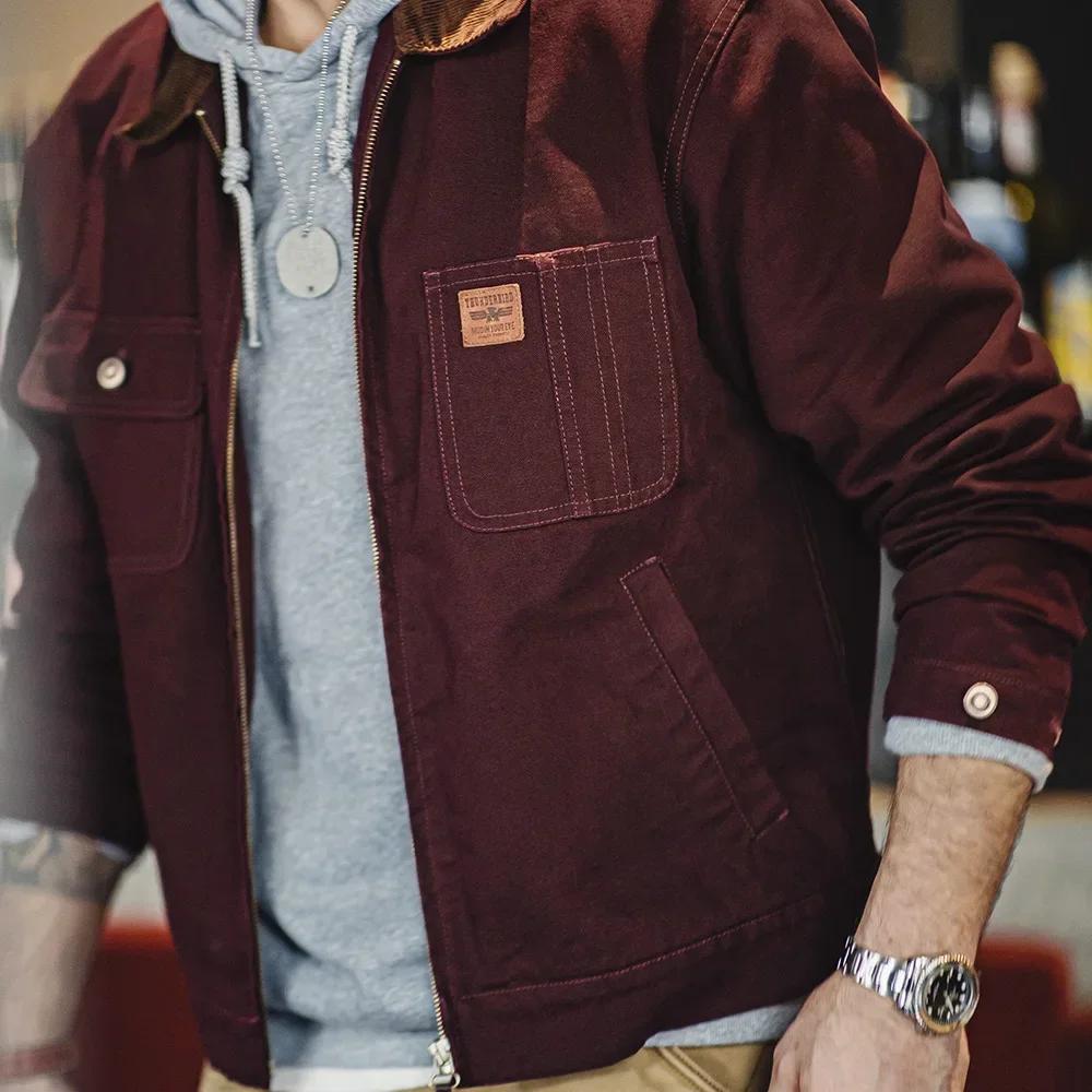 Maden-Veste en toile épaisse rétro pour homme, veste zippée courte avec poches, col en velours côtel