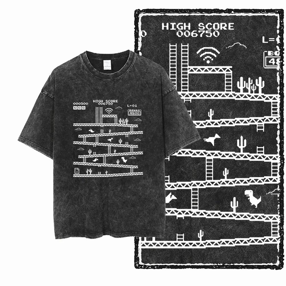 ZH DINO GAME THEME imprimé coton lavé à l'acide graphique exclusif unisexe t-shirt Cool Streetwear h