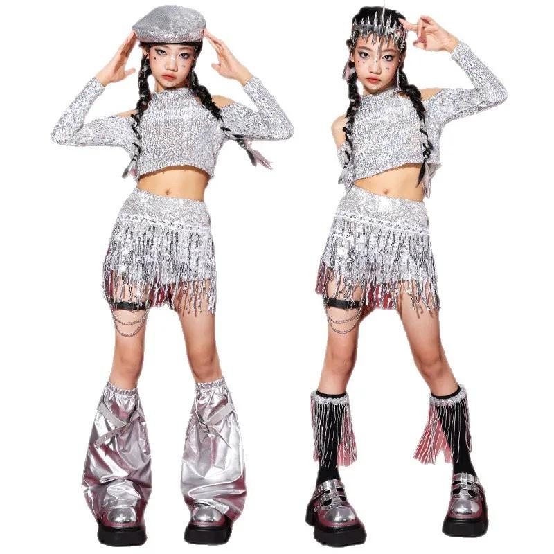 Costume de danse Kpop pour filles, tenue de Jazz, vêtements de spectacle de danse argenté, haut et s