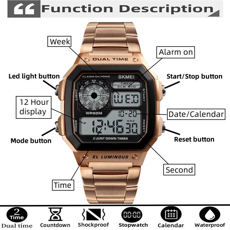Skmei-Montre-bracelet de sport numérique pour homme, bracelet en acier inoxydable, chronographe LED,