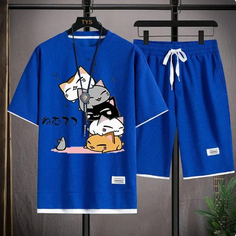 Ensemble gaufré d'été pour hommes, marque à la mode, t-shirt et short décontractés, ensemble de spor