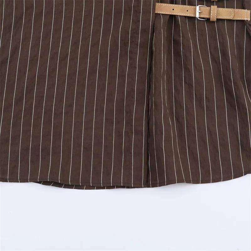 Chemise femme 2025 hiver nouveau Style chemise à manches longues rayée marron rougeâtre avec décor d