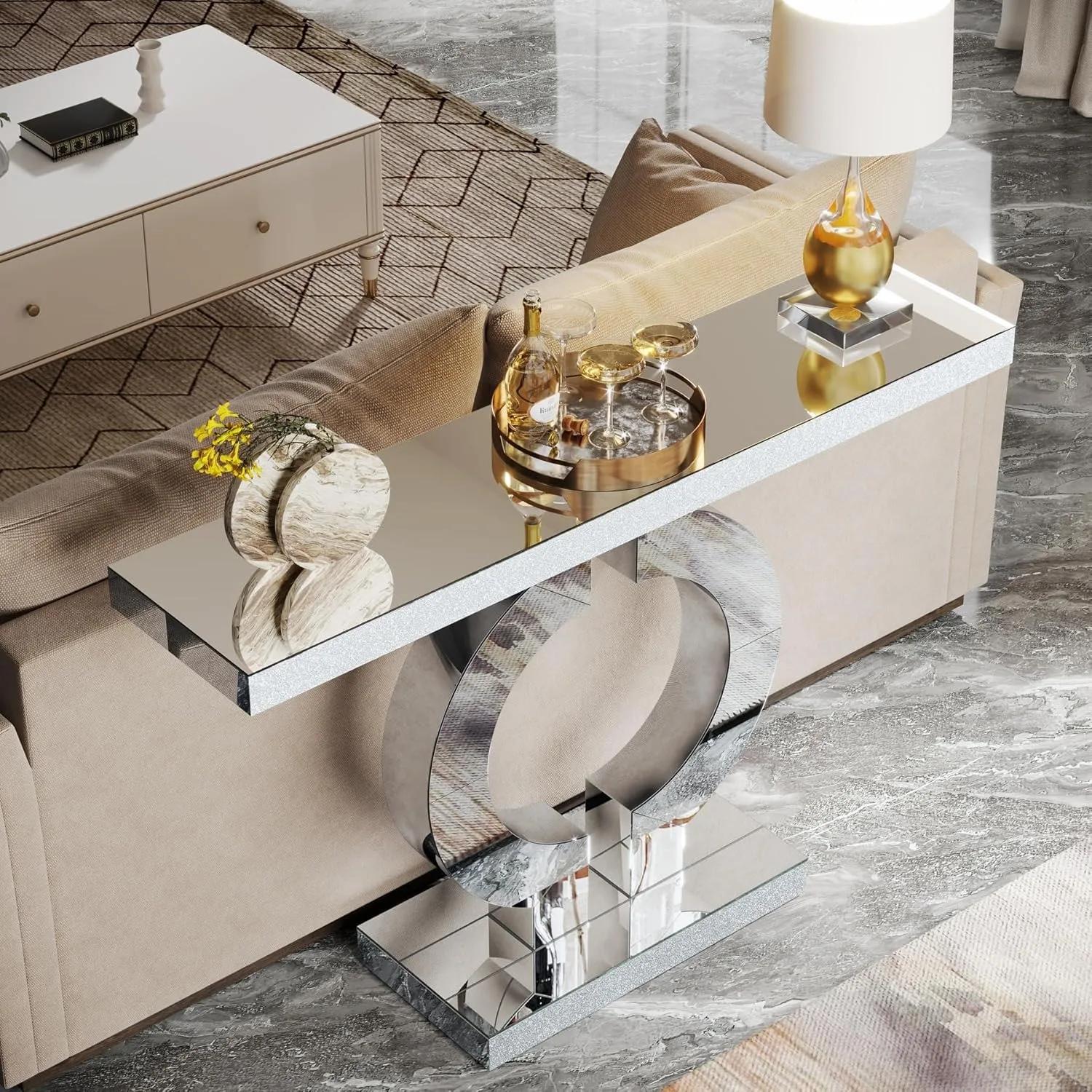 Table console en miroir avec base en forme de O, table d'entrée, table de canapé en verre avec finit