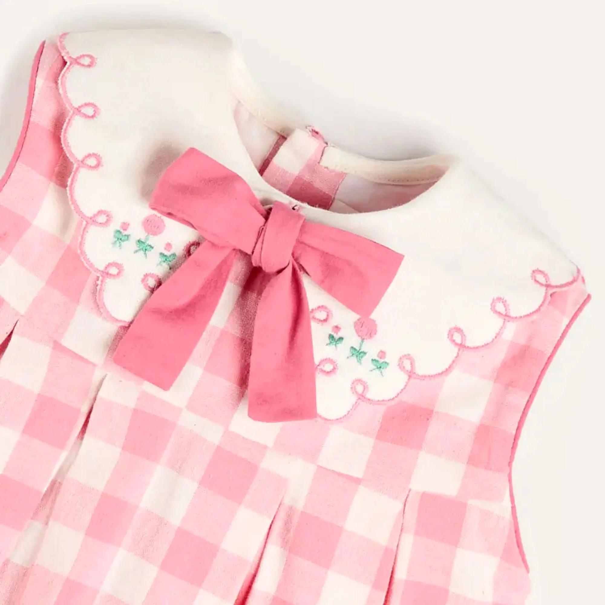 Robe rose à carreaux brodée sans manches pour fille, tenue mignonne pour les vacances d'été, robes p