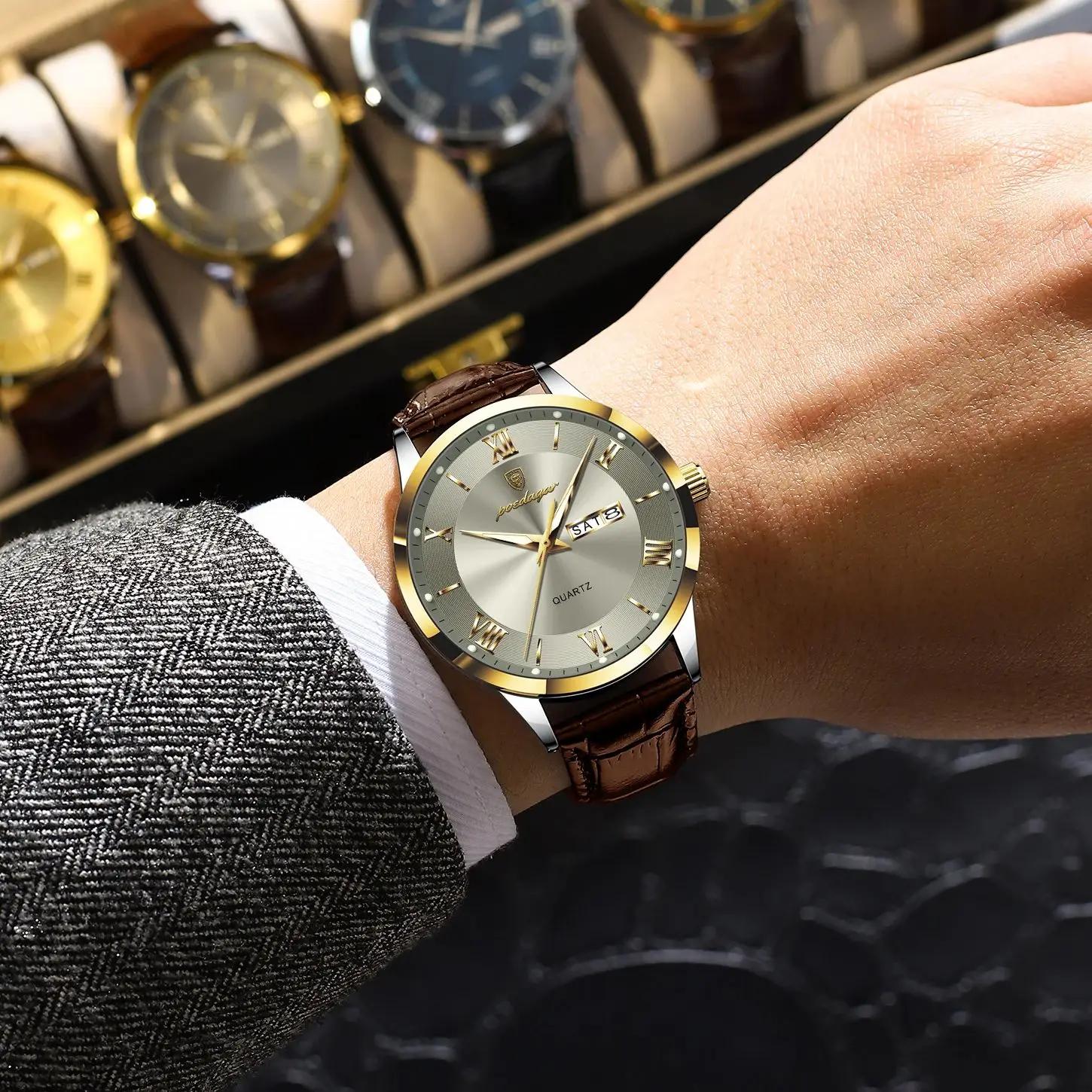 POEDAGAR Original montre de mode pour homme en cuir Date semaine Quartz hommes montre étanche lumine