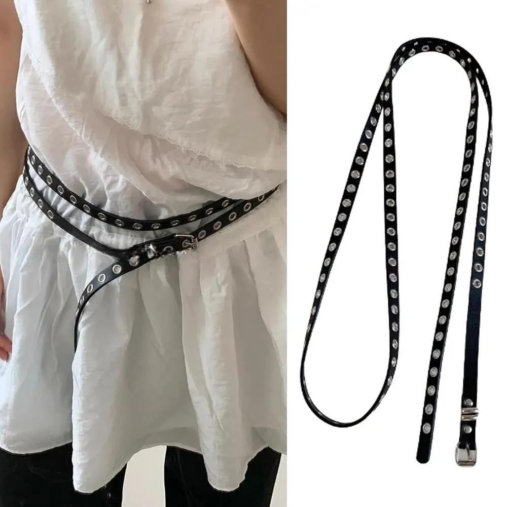Rivet oeillet bricolage porter ceinture de taille en cuir PU Double cercle chaîne de taille nouée Ex