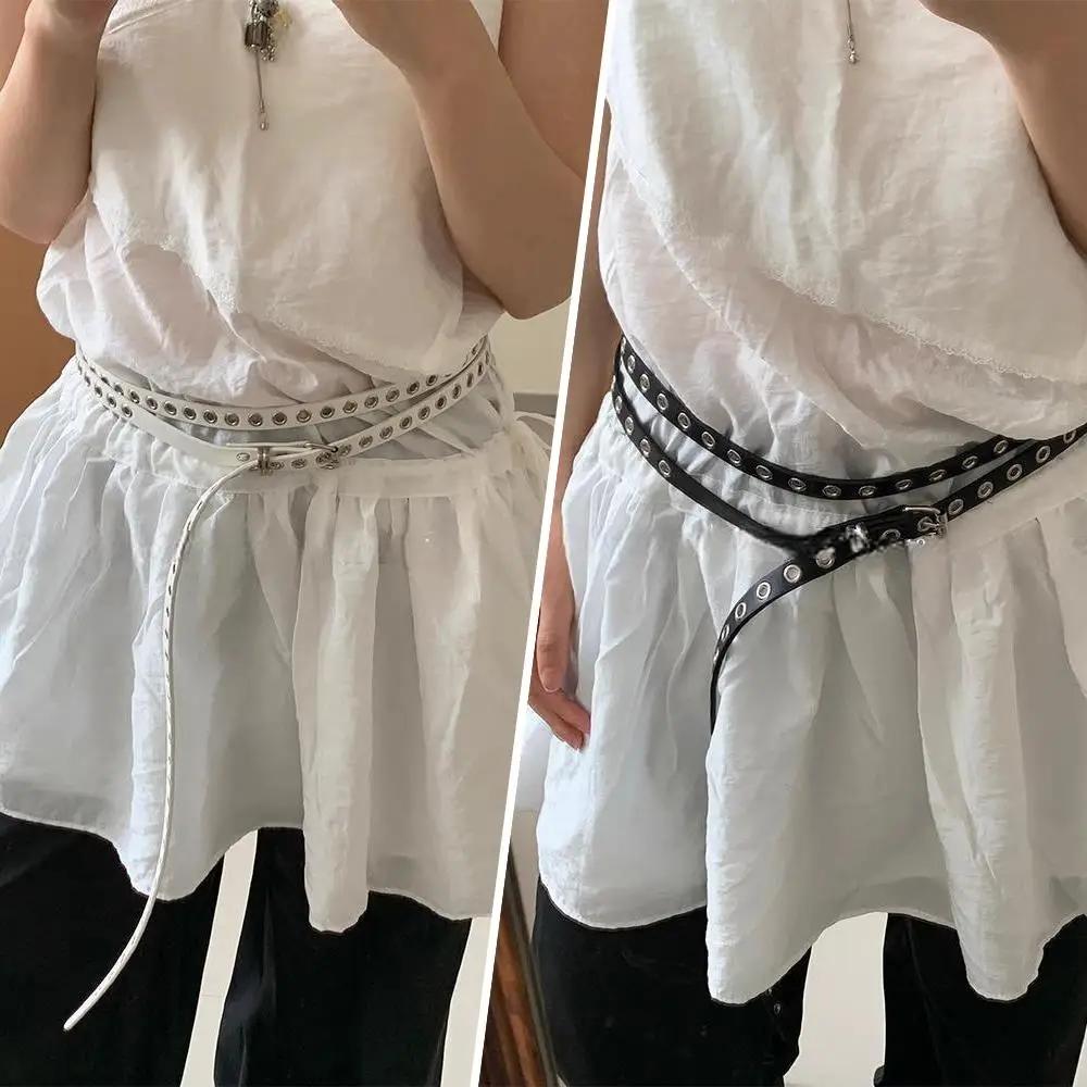 Rivet oeillet bricolage porter ceinture de taille en cuir PU Double cercle chaîne de taille nouée Ex