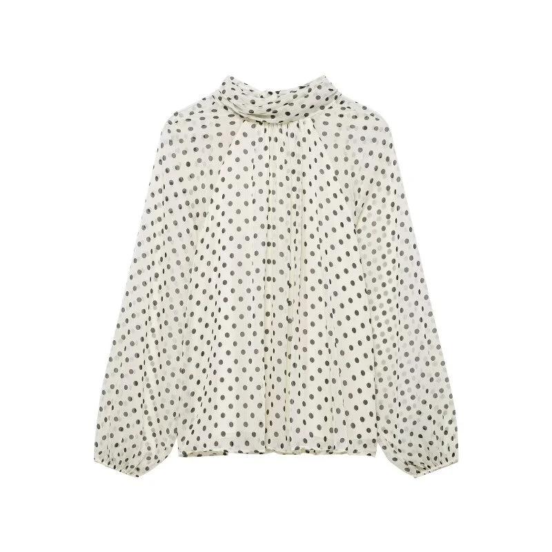 Chemisier élégant à pois pour femme, chemise en mousseline à col superposé et manches lanternes avec