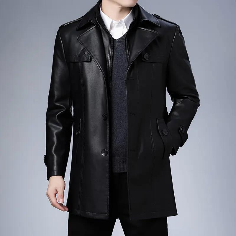 Veste d'hiver en cuir polaire pour hommes, costume d'affaires mi-long décontracté avec col coupe-ven