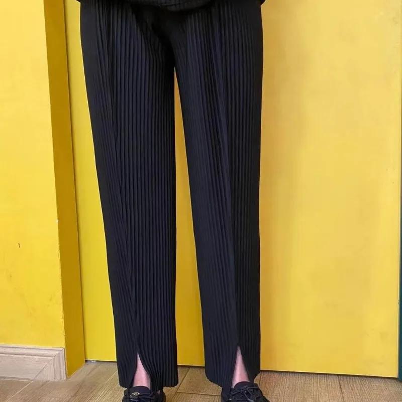 Miyake plissé hommes fente pantalon noir drapé automne décontracté pantalon droit ample Simple vêtem