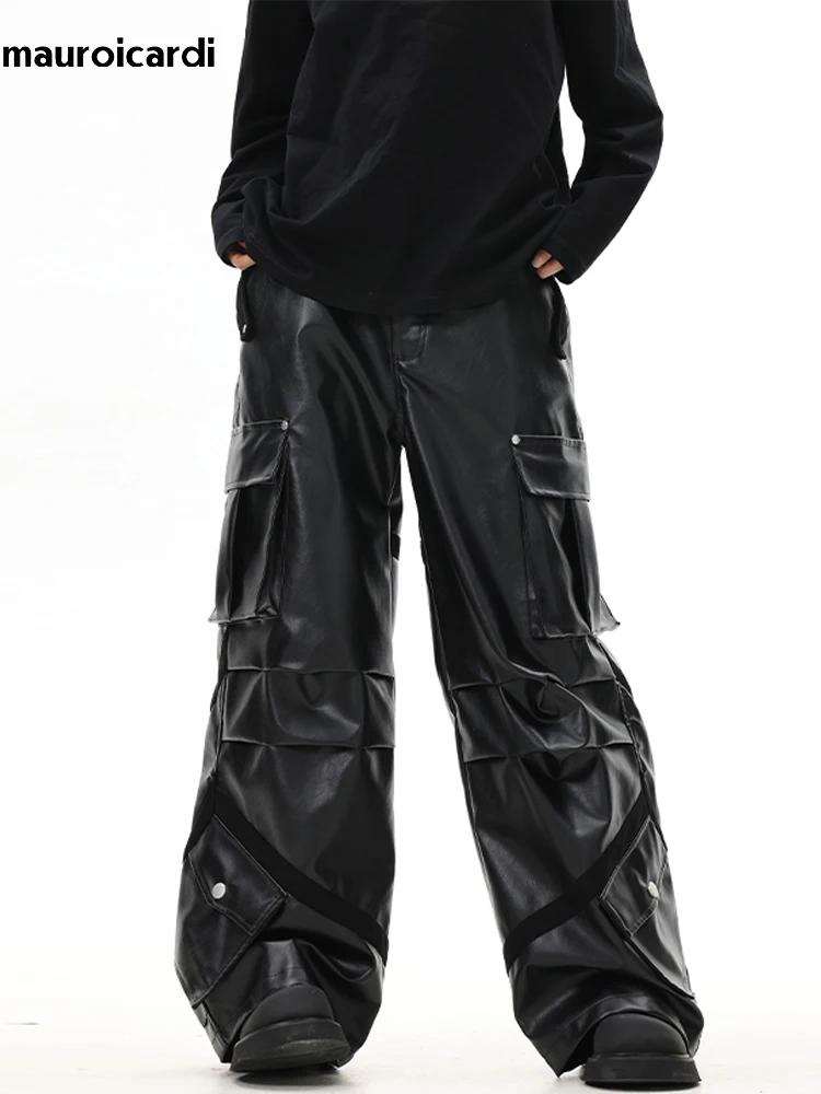 Mauroicardi-Pantalon Cargo en Cuir PU pour Homme, Baggy Noir, Jambes Larges, Poches Tridimensionnell