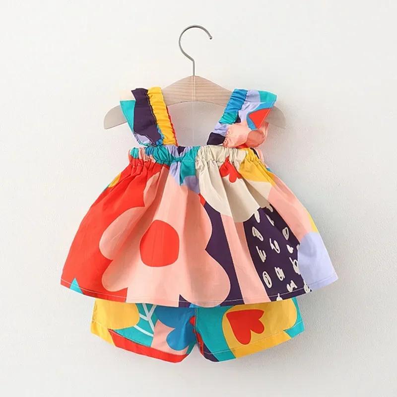 Ensemble de vêtements d'été pour bébés filles, haut à bretelles, couleur assortie, gilet à fleurs + 