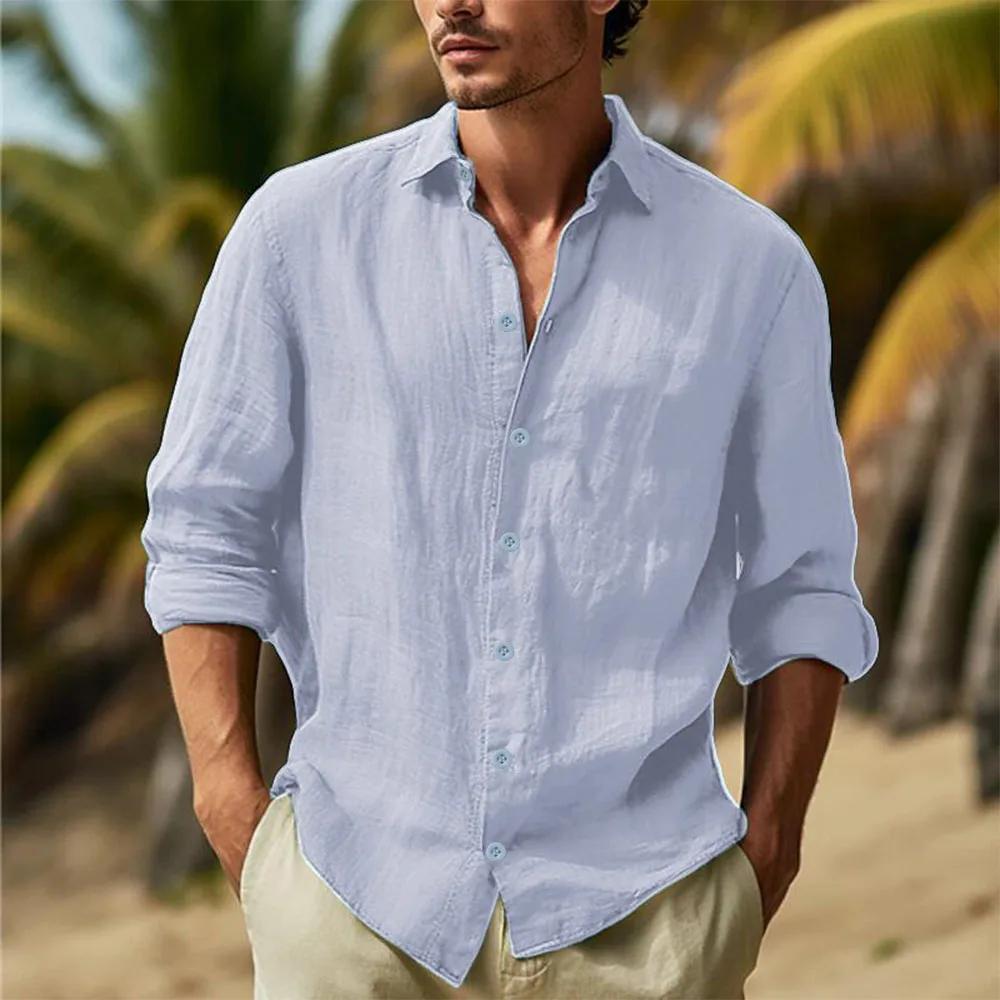Chemises en coton et lin pour hommes, col rabattu, chemise hawaïenne solide, légère et respirante, c